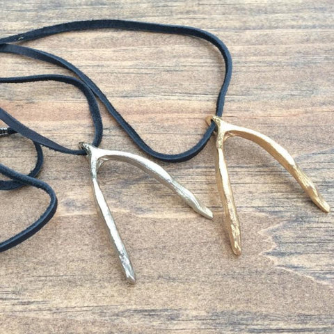 Bronze and silver wishbone necklace with leather 