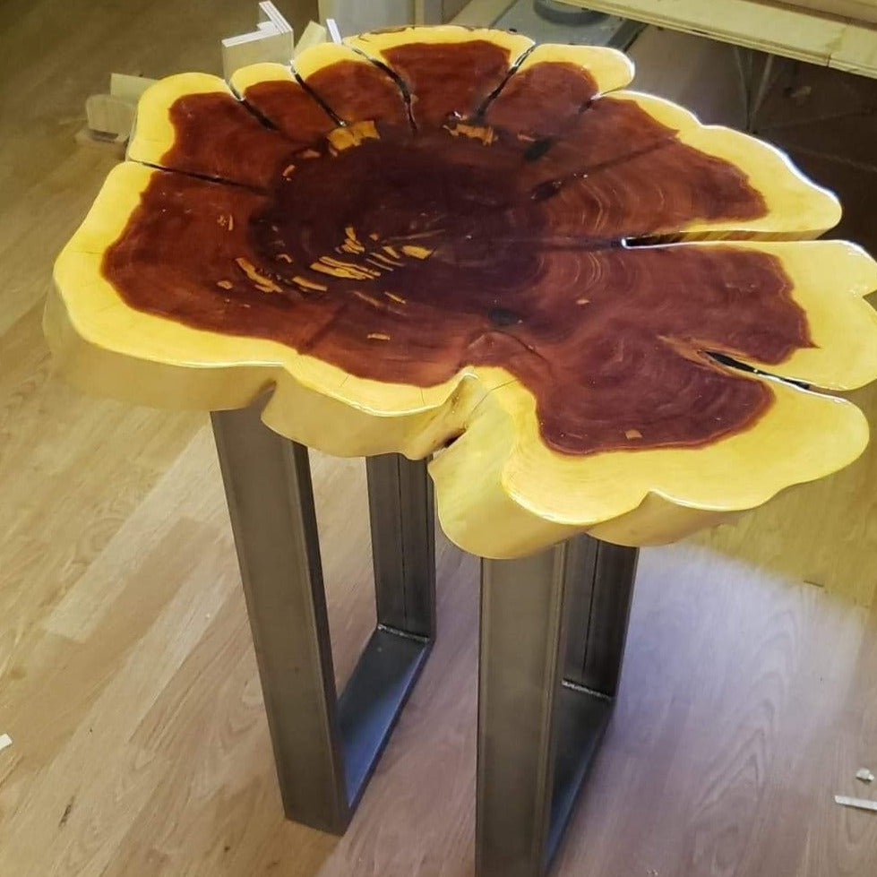 Red cedar table with metal legs created by RDK of NJ