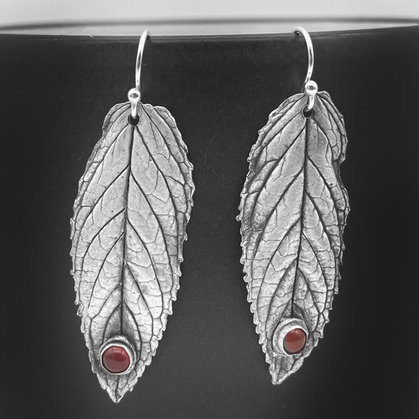 Pure Silver Mint Leaf Earrings w/Carnelian Gemstones