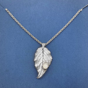 Real Hydrangea Silver Leaf Necklace with Moonstone Accent