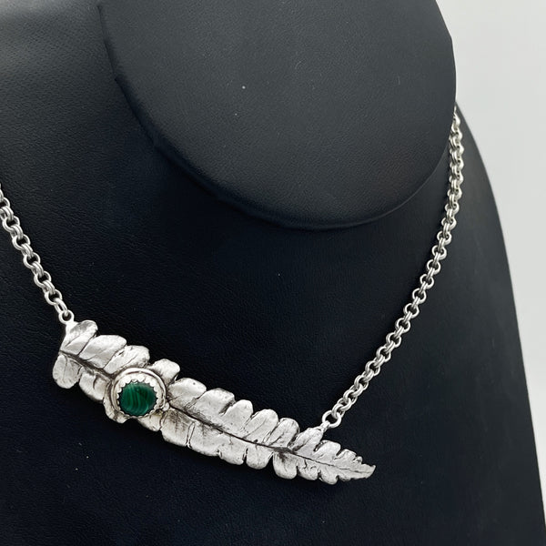 Silver Fern Leaf Necklace with Malachite Gemstone