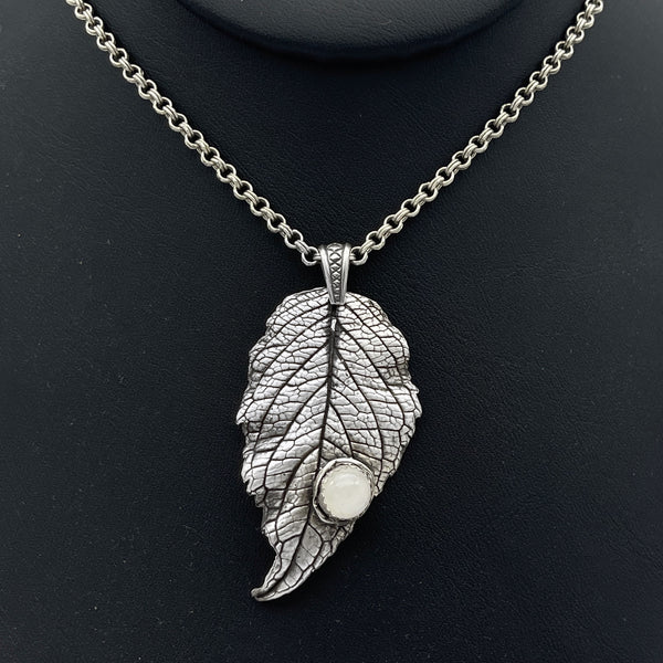 Real Hydrangea Silver Leaf Necklace with Moonstone Accent