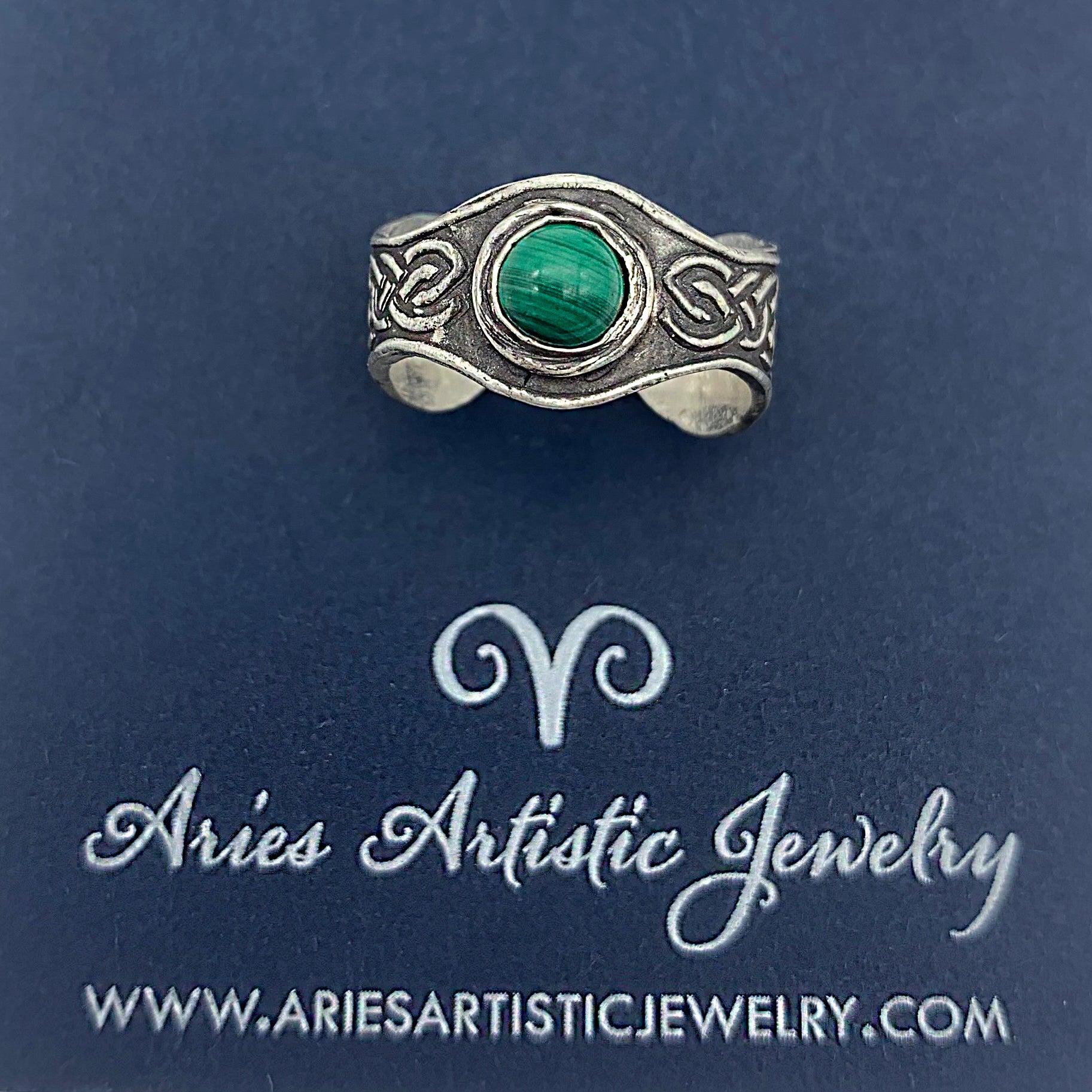 Adjustable Sterling Silver Celtic Ring with Malachite Gemstone