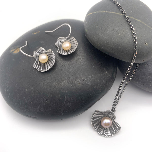 Sterling Silver Beach Clam Shell Earrings, Ocean Jewelry Pearl Earrings