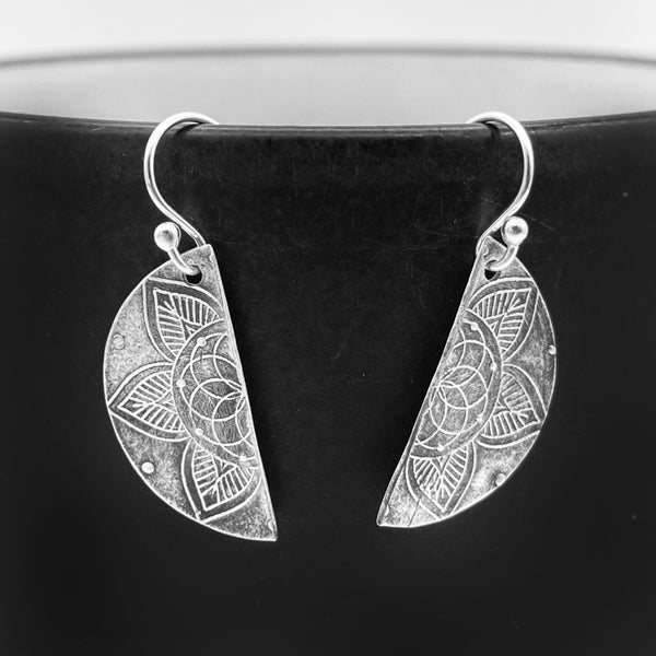 Sterling Silver Half Moon Mandala Earrings