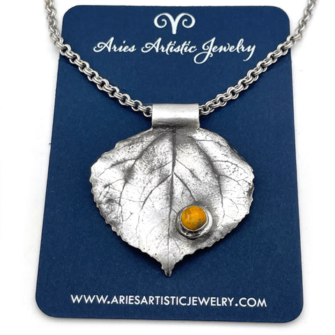 Aspen Leaf Necklace Nature Jewelry with Bumblebee Jasper Accent