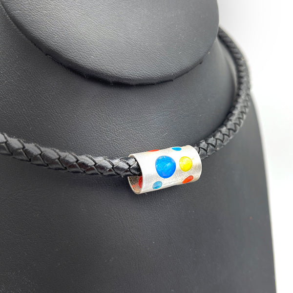 Colorful Sterling Silver Cylinder Necklace on Braided Leather