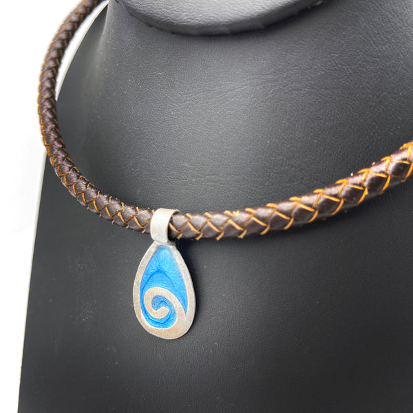 Sterling Silver Blue Wave Necklace on Braided Leather