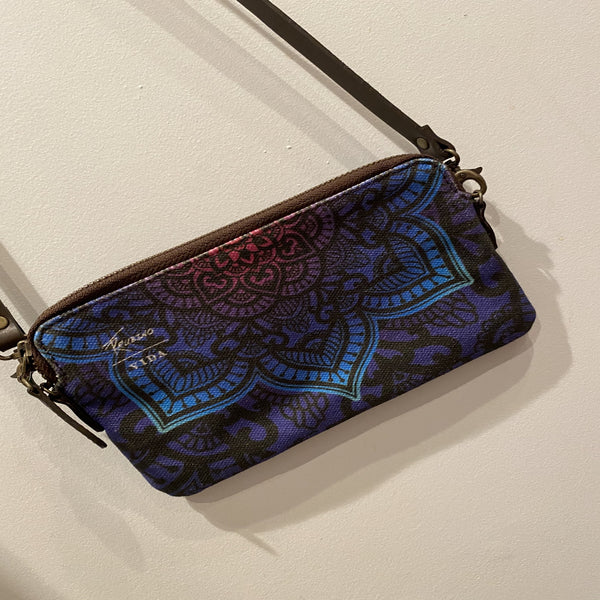 Crossbody bag with blue flower artwork by NJ artist Tony Rubino custom creations