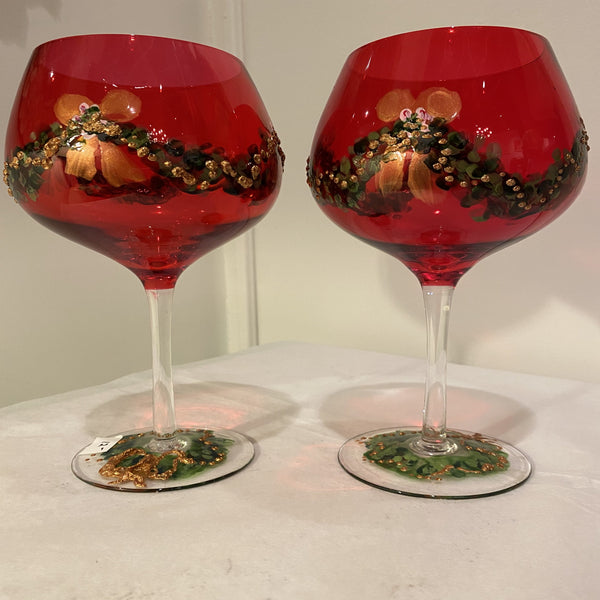 Holiday holly hand painted red glasses by Susan's Art of NJ 