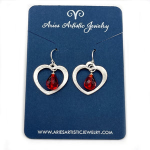 Open Heart Earrings with Red Austrian Crystal Charm