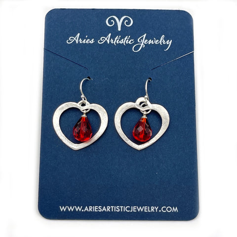 Open Heart Earrings with Red Austrian Crystal Charm