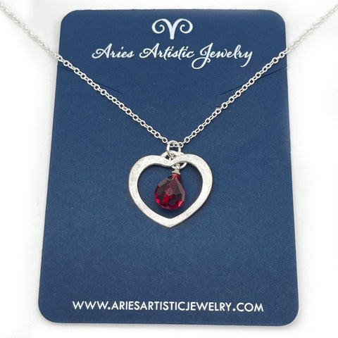 Sterling Silver Heart Necklace with Red Austrian Crystal Charm