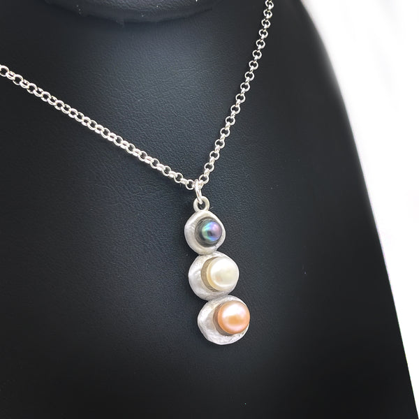 Vertical Stepping Stone Necklace with 3 Freshwater Pearls