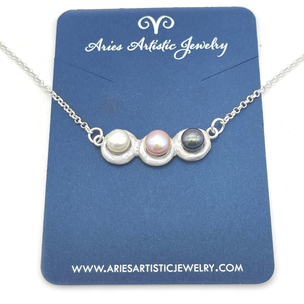 Horizontal Stepping Stone Necklace with 3 Freshwater Pearls