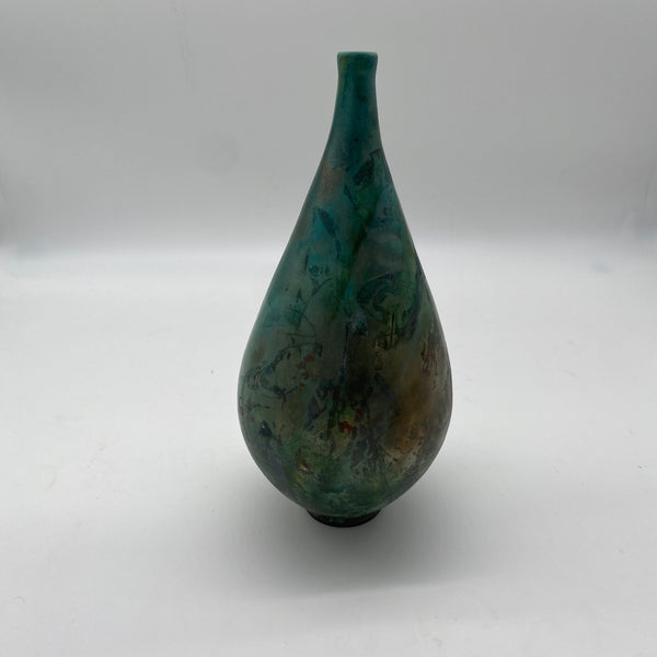 Raku fired green ceramic vase created by Jane Kleiman Red Bank, NJ