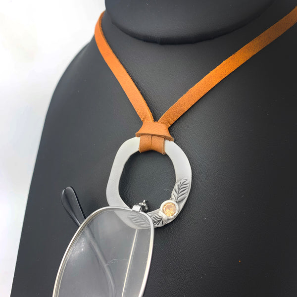 Sterling Silver Eyeglass Holder Leaf Theme with CZ Champagne Gemstone