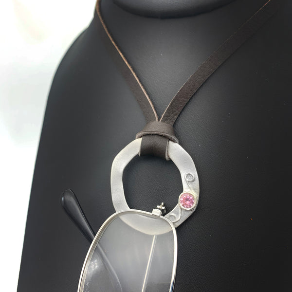 Sterling Silver Eyeglass Holder with CZ Pink Sapphire Swirl Design