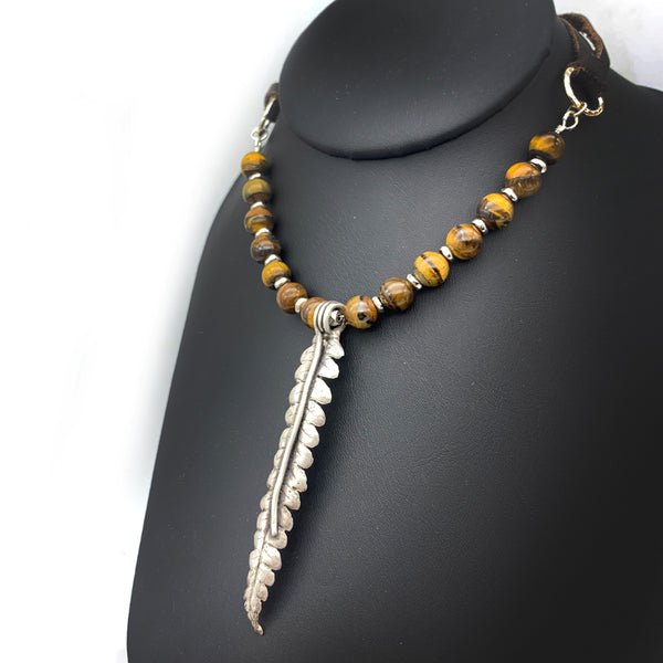 Large Fine Silver Fern Leaf Necklace with Tiger Eye Gemstones