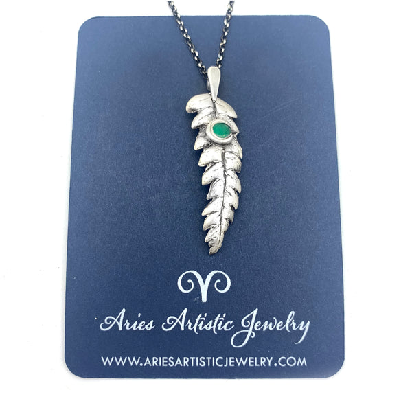 Fine Silver Fern Leaf Necklace with Emerald Accent