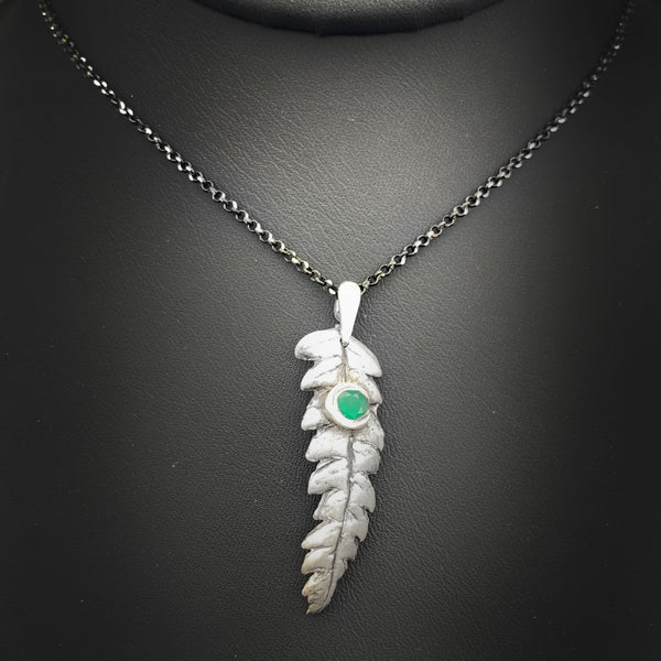 Fine Silver Fern Leaf Necklace with Emerald Accent