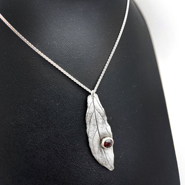Pure Silver Leaf Necklace with Garnet Gemstone