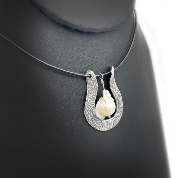 Sterling Silver Horseshoe Necklace with Baroque Pearl Accen