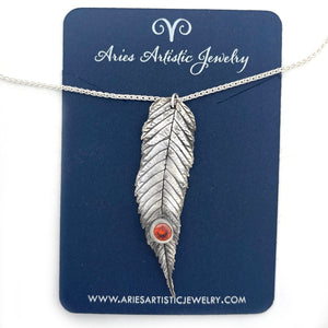 Pure Silver Spirea Leaf Necklace with Hessonite Garnet Gemstone