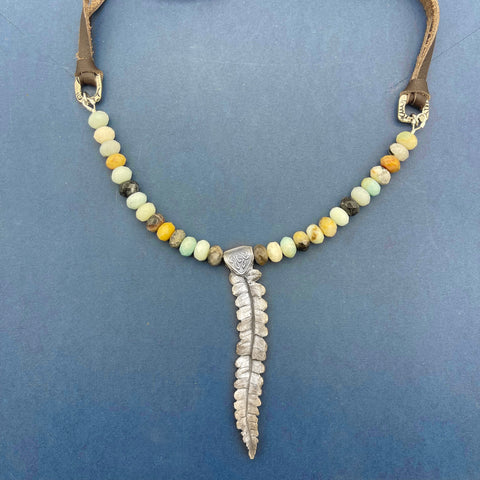 Fine Silver Fern Leaf Necklace with Amazonite Bead ad Leather Chain