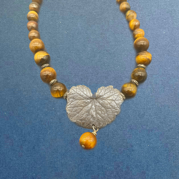 Pure Silver Geranium Leaf Necklace with Tiger Eye Chain