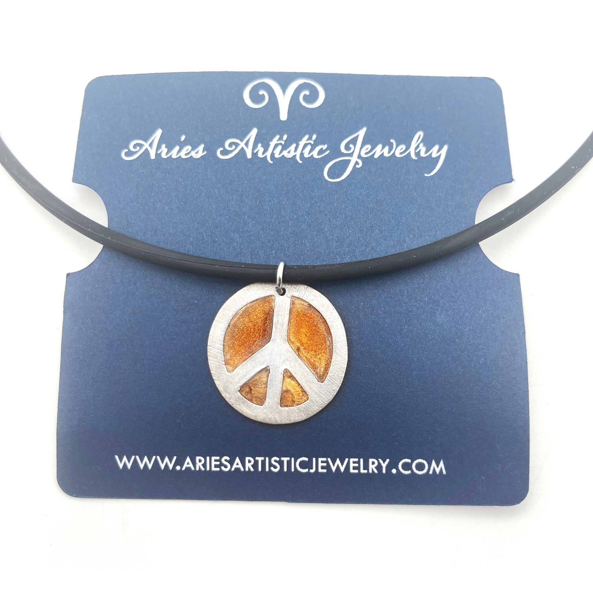 Sterling Silver & Copper Peace Sign Necklace on Rubber Cord Spiritual Jewelry