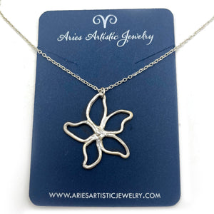 Hand Drawn Fine Silver Pointed Flower Necklace