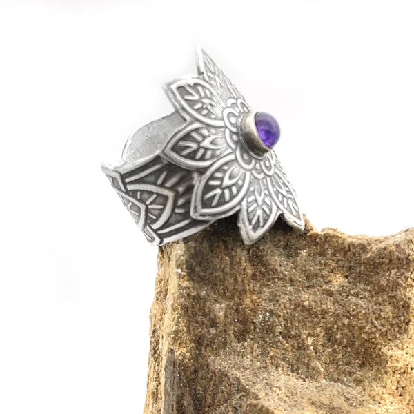 Sterling Silver Flower Ring with Amethyst Accent