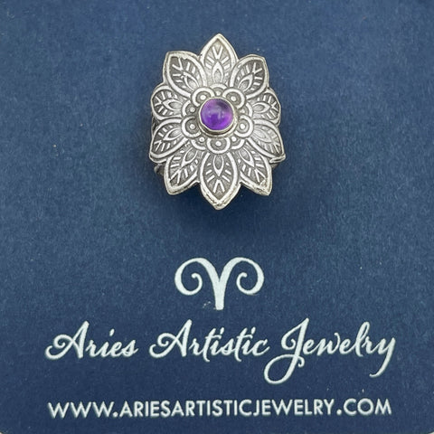 Sterling Silver Flower Ring with Amethyst Accent