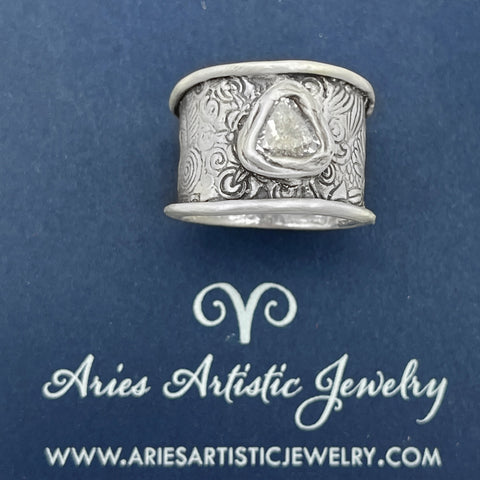 Sterling Silver Wide Band Ring with CZ White Diamond Trillion Gemstone