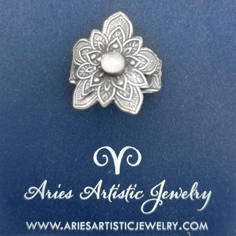 Sterling Silver Small Flower Ring with Moonstone Accent