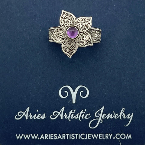 Sterling Silver Small Flower Ring with Amethyst Accent
