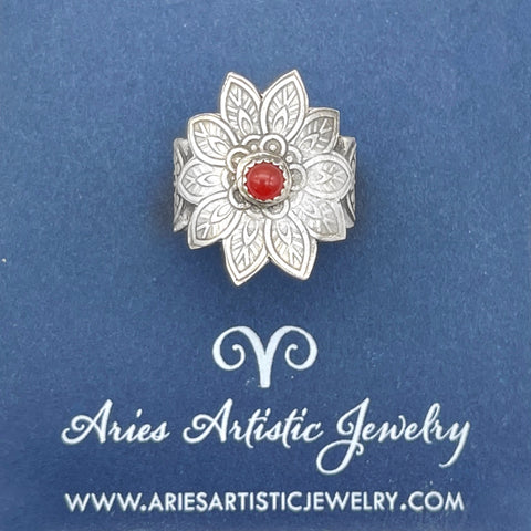 Sterling Silver Small Flower Ring with Red Onyx Accent