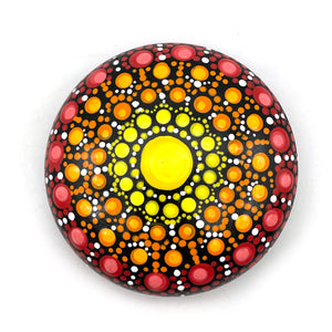Mandala Stone Painted Spiritual Rock in Oranges, Yellows & Reds