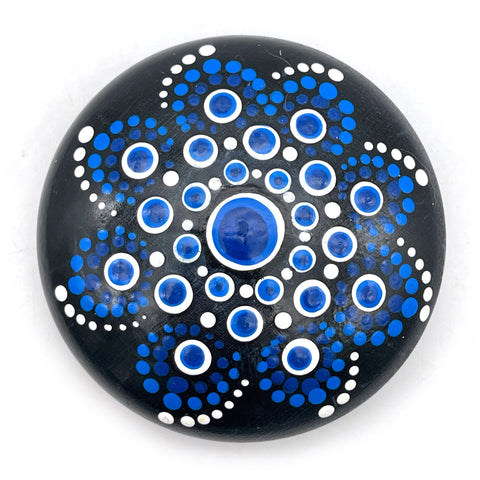 Mandala Stone Painted Spiritual Rock with Evil Eye Design Blues