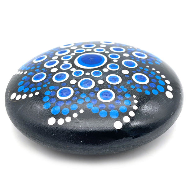 Mandala Stone Painted Spiritual Rock with Evil Eye Design Blues