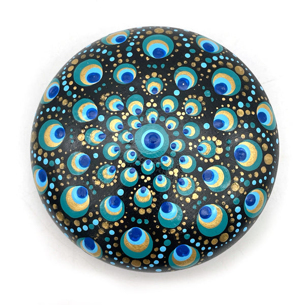 Mandala Stone Painted Spiritual Rock with Peacock Design