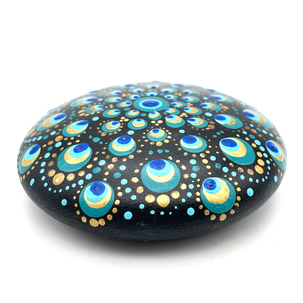 Mandala Stone Painted Spiritual Rock with Peacock Design