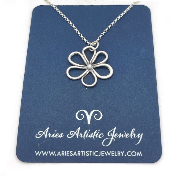 Whimsical Little Hand Drawn Pure Silver Round Flower Necklace