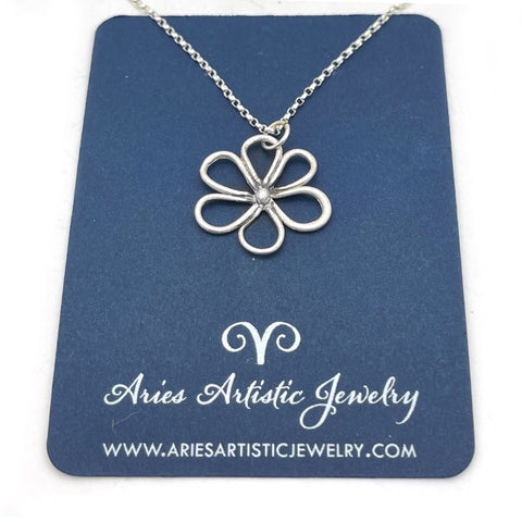 Whimsical Little Hand Drawn Pure Silver Round Flower Necklace