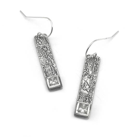 Long Bar CZ Diamond Earrings - Red Bank Artisan Collective jewelry art vintage recycled Earrings, Aries Artistic Jewelry