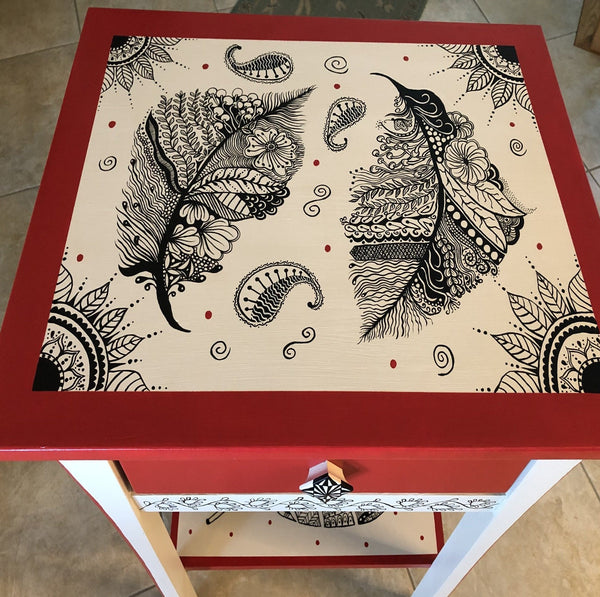 red and white mandala painted side table by local Central Jersey artist Esther from E. Designs