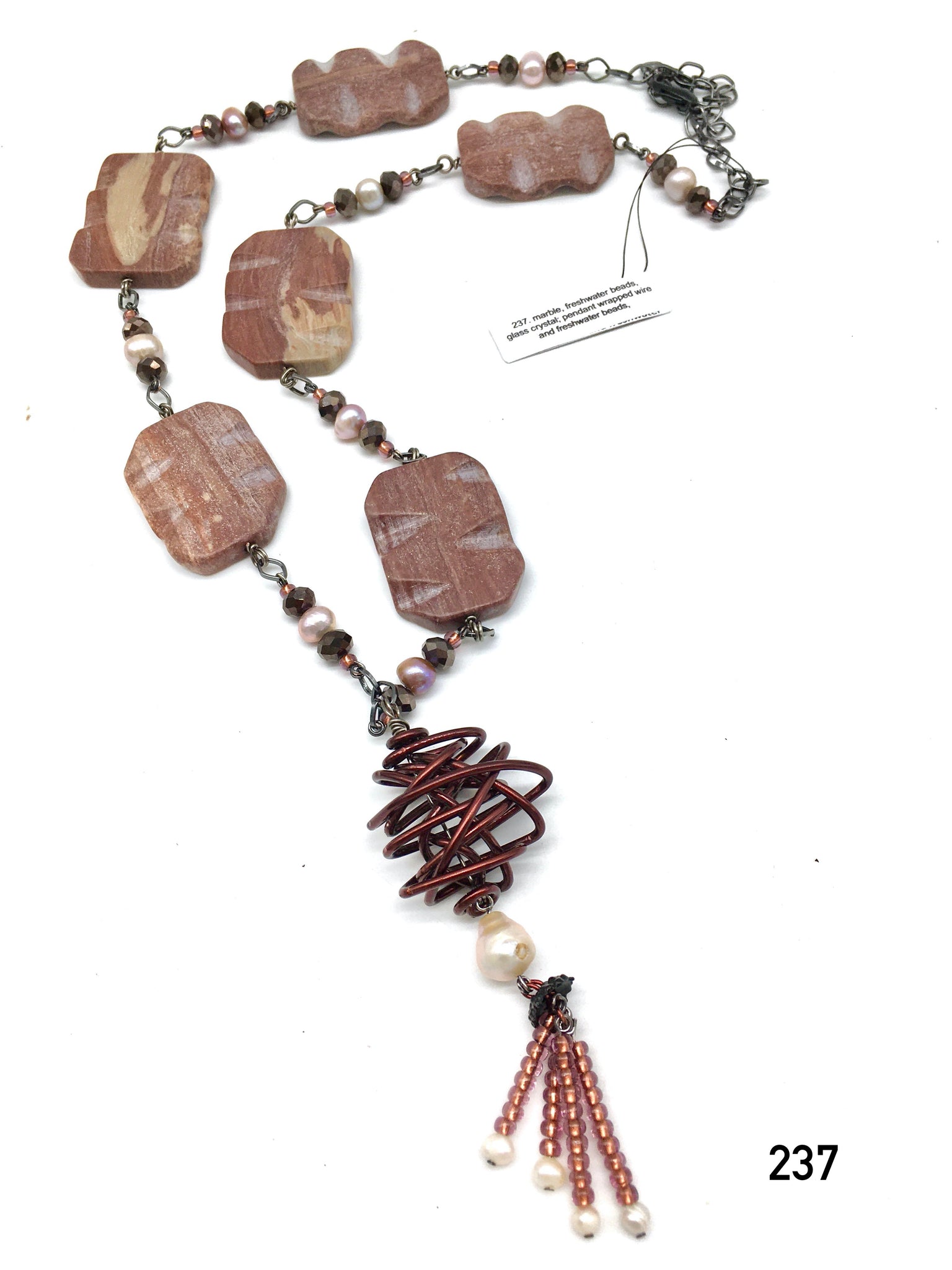 Marble, freshwater beads, glass crystal; pendant wrapped wire and freshwater beads,