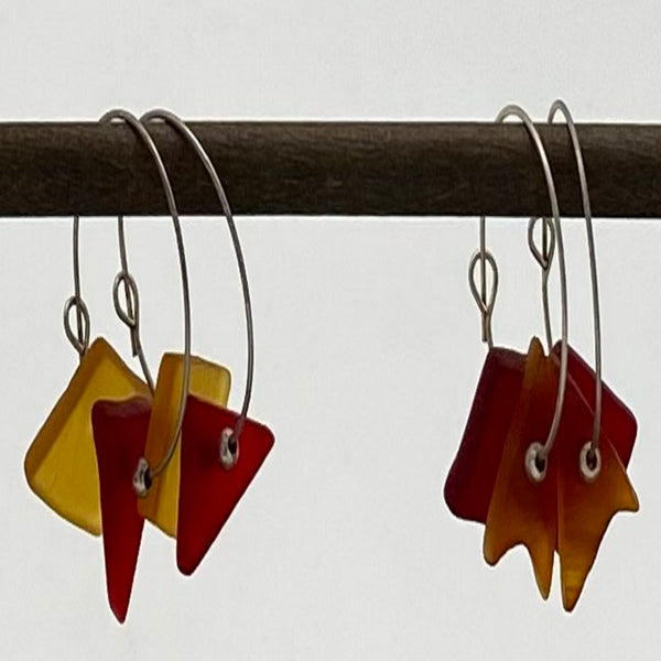red and amber recycled glass earrings created by NJ artist Mother's Whimsy