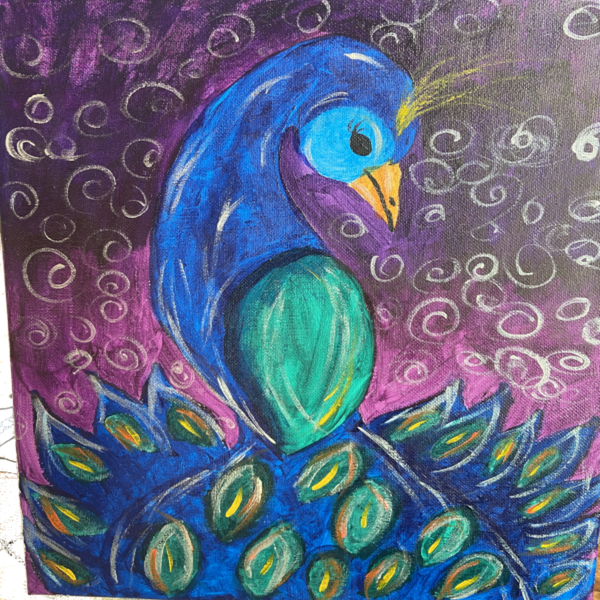 Peacock Art Parties for kids or adults taught by Laura from Andromeda's Attic